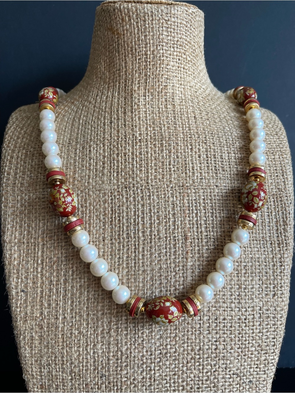 Vintage Japan signed faux Pearl and hand painted Red Floral Bead Necklace.